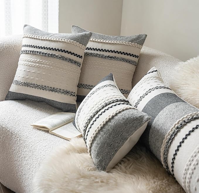 Boho Lumbar Pillow Covers 14x36 Inch Long, Black Textured Decorative Couch Pillow Cases for Farmhouse Home Decor, Accent Cushion Cover for Sofa, Bed, Living Room, Bedroom, Pack of 1