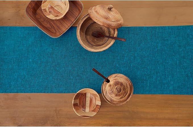 Solino Home Linen Table Runner 156 Inches Long - Athena, 100% Pure Linen Chambray Teal 14 x 156 Inch Table Runner for Dining, Fall, Autumn