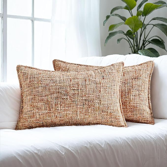 HAUSSY Rust Throw Pillow Covers 12x20 Set of 2 Chenille Tweed Textured Decorative Couch Lumbar Pillow Covers Neutral Modern Pillow Cases for Sofa Bed Living Room Decor