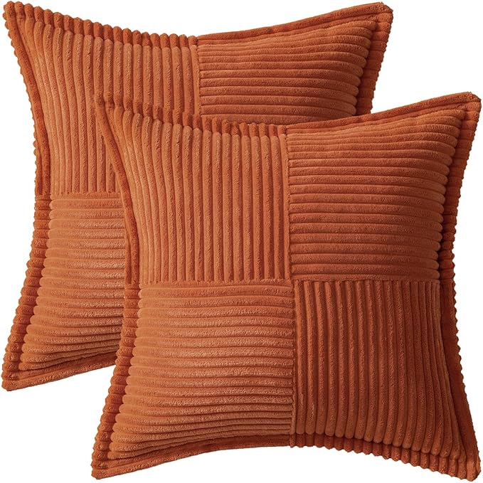 MIULEE Rust Fall Decorative Throw Pillow Covers for Couch Bed Livingroom 12x12 Inch Set of 2 Boho Accent Throw Pllows Broadside Striped Patchwork Soft Corduroy Pillowcases