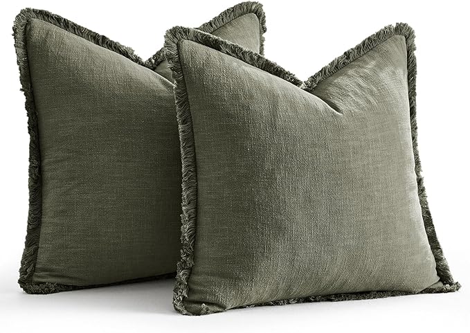 EMEMA Linen Fringe Throw Pillow Covers Set of 2 Boho Farmhouse Accent Decorative Pillowcase with Tassels for Couch Sofa Bed Living Room Home Decor 22x22 Inch,Light Olive Green