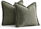 EMEMA Linen Fringe Throw Pillow Covers Set of 2 Boho Farmhouse Accent Decorative Pillowcase with Tassels for Couch Sofa Bed Living Room Home Decor 26x26 Inch,Light Olive Green