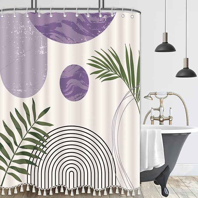 Boho Mid Century Leaf Shower Curtain Set,Arch Sun Design,Minimalistic Leaves Pattern,Waterproof and Luxurious Fabric-12 Hooks(Purple-72" x 72")