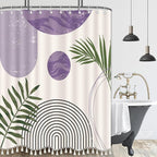 Boho Mid Century Leaf Shower Curtain Set,Arch Sun Design,Minimalistic Leaves Pattern,Waterproof and Luxurious Fabric-12 Hooks(Purple-72" x 72")
