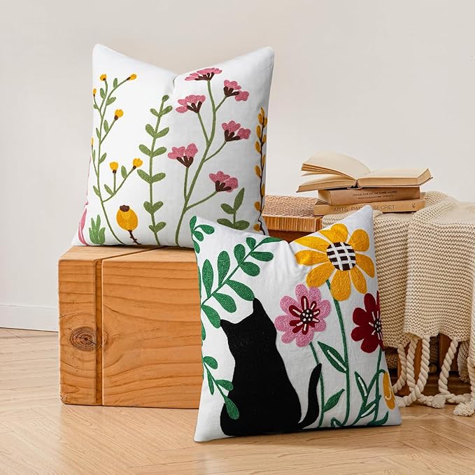 Adabana Neutral Decorative Floral Pillow Covers 18x18 Inch Boho Embroidered Throw Pillow Cover Square Farmhouse Couch Cushion Cases for Bed Sofa Bedrrom Living Room Decor,Black Cat