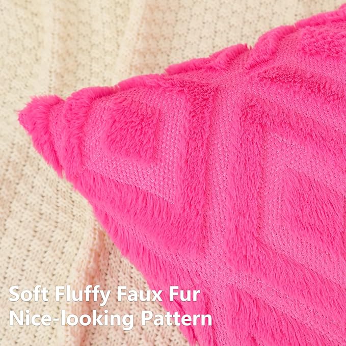 Pallene Hot Pink Throw Pillow Covers 20x20 Set of 2, Soft Plush Faux Fur Decorative Couch Pillow Covers for Sofa Bed Living Room Pillow Cases with 3D Diamond Pattern