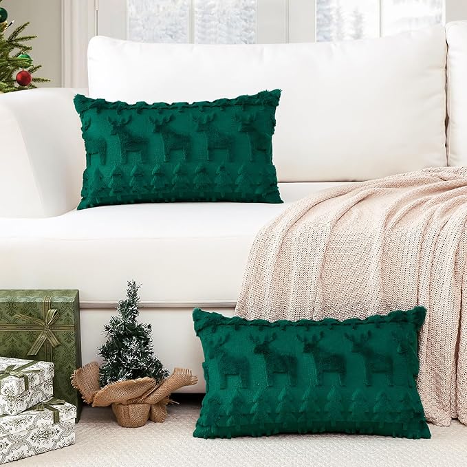OTOSTAR Set of 2 Xmas Soft Plush Short Wool Velvet Decorative Throw Pillow Covers Rectangular Luxury Style Cushion Case Pillow Shell for Sofa Bedroom Christmas Tree and Elk Green, 12x20 Inch