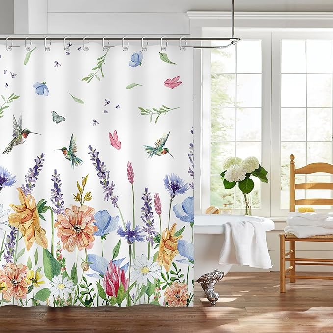 Hummingbird Floral Shower Curtains for Bathroom, Spring Summer Bathroom Decor Flower Shower Curtain Set - 72x72 Inch Waterproof Fabric Shower Curtain with Hooks Bathtub Curtain