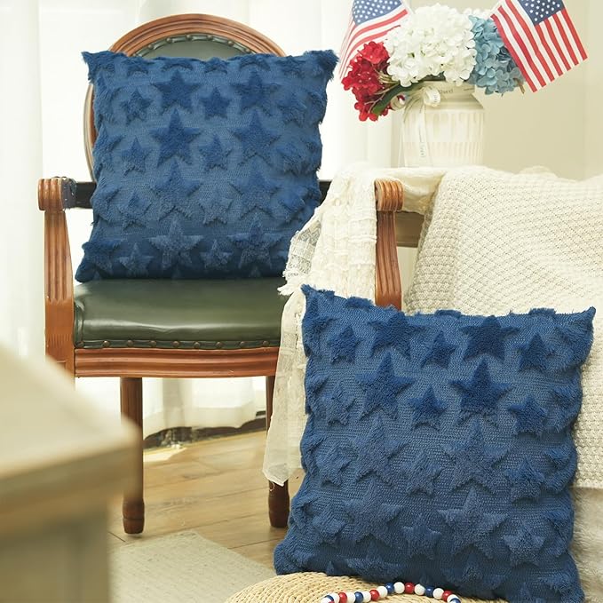 GEEORY 4TH of July Stars Soft Plush Pillow Covers, 16 x 16 Inch Set of 2, Fluffy Faux Fur Wool Decorative Farmhouse Cushion Case for Sofa Home Decoration Blue Little Star GC028-16