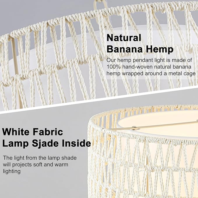 18” Rattan Chandelier Light Fixtures, 3-Light Dining Room 2-Tier Bohemian Coastal Woven Modern Hanging Drum Lighting with Fabric Shade for Living Room Kitchen Island Entryway Hallway