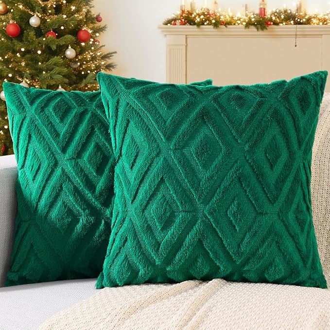 decorUhome Christmas Couch Throw Pillow Covers 22x22 Set of 2, Decorative Soft Plush Faux Wool Neutral Accent Pillow Covers for Bed Sofa Living Room, Green