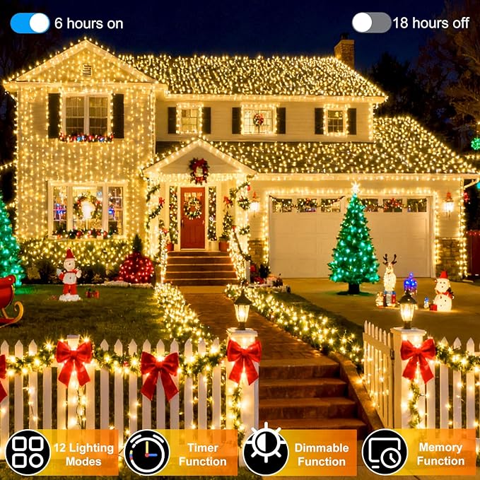 340 LED 90FT Christmas String Lights Outdoor, 12 Pro Modes and Timer Memory & Brightness, Plug in Outdoor Waterproof Clear Wire Twinkle Light for for Xmas Yard Tree Wedding Party Decor (Warm White)