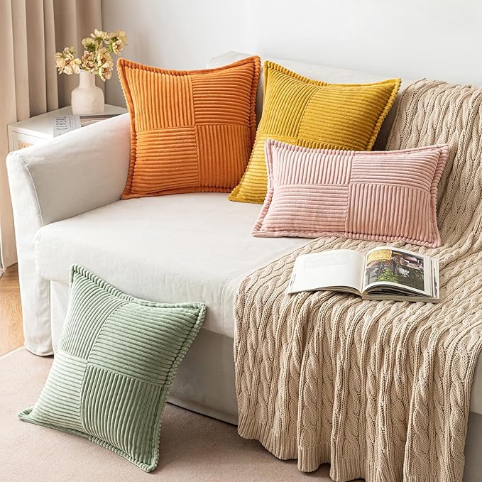 MIULEE Burnt Orange Fall Decorative Throw Pillow Covers for Couch Bed Livingroom 18x18 Inch Set of 2 Boho Accent Throw Pllows Broadside Striped Patchwork Soft Corduroy Pillowcases