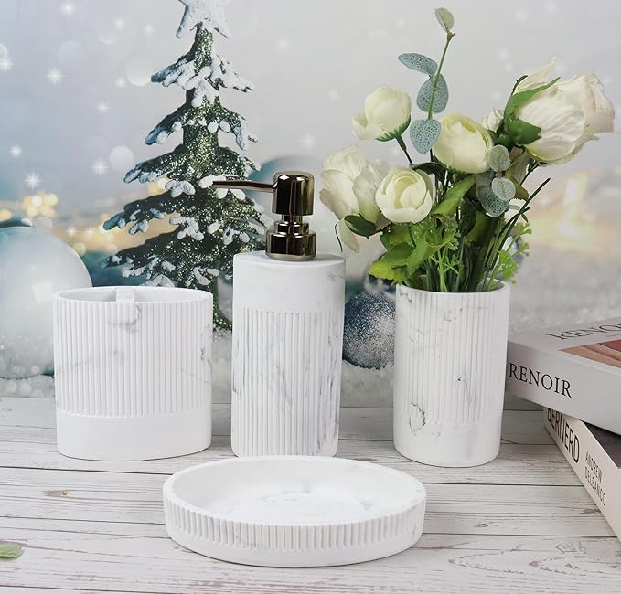 Hymmah Marble Bathroom Accessories Set,Farmhouse Bathroom Decor,4 Pcs Resin Gift Set Apartment Necessities, Contain Cotton Swab Jar,Soap Dispenser,Tumbler，Soap Dish/Tray