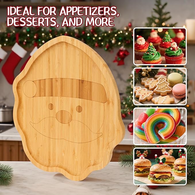 WILLKOMMEN Christmas Serving Tray, Bamboo Santa Claus Shaped Serving Platter, Charcuterie Board Serving Dishes 10" x 9" for Party Cookie Fruit Tray Cheese Board Plate