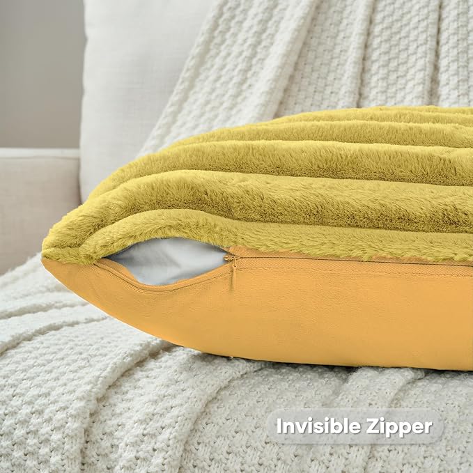 FUTEI Mustard Yellow Striped Decorative Throw Pillow Covers 16x16 Inch Set of 2,Square Winter Decorations Couch Pillow Case,Soft Cozy Faux Rabbit Fur & Velvet Back,Modern Home Decor for Bed