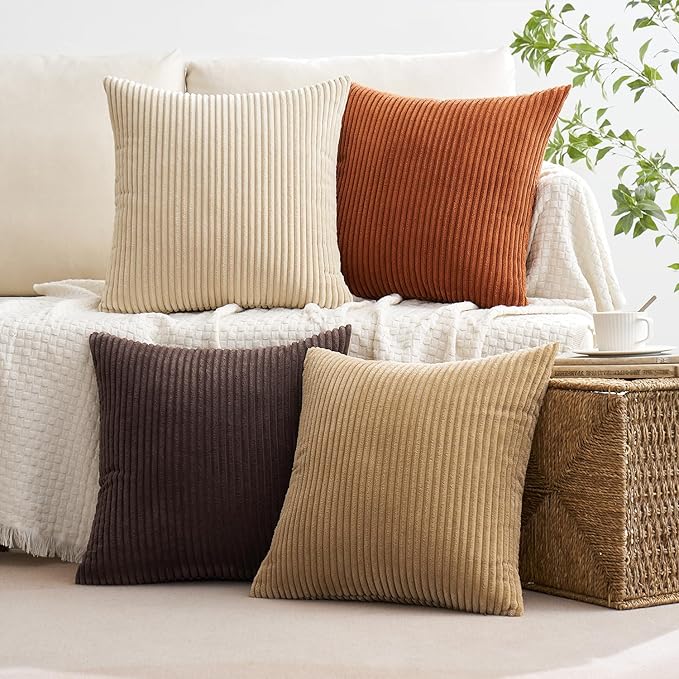 MIULEE Boho Farmhouse Throw Pillow Covers 18x18 Inch Set of 4 Rustic Mordern Neutral Cushion Covers Soft Corduroy Nordic Home Decor for Couch Bed Sofa Living Room Brown-Beige