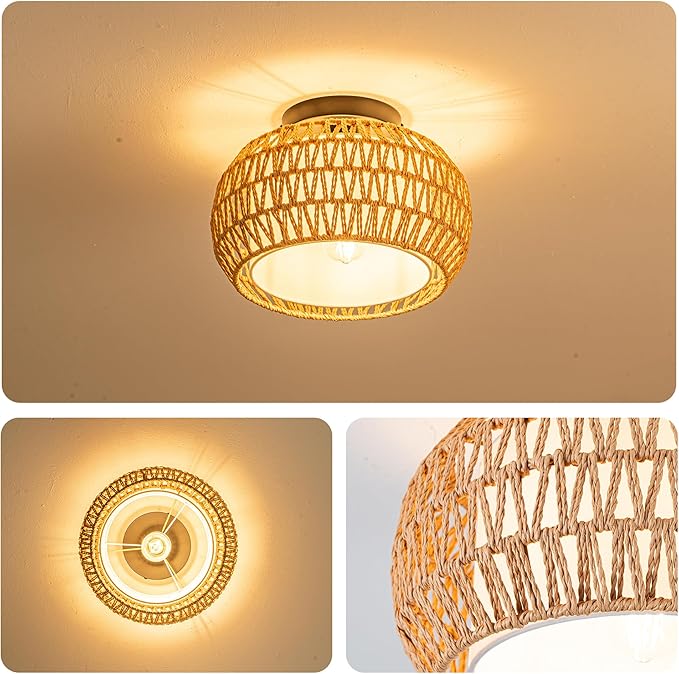 MAYNA 1-Light Boho Flush Mount Ceiling Light, Rattan Chandelier Light Fixture with LED Bulb, Hand-Woven Farmhouse Ceiling Light, Mini Wicker Light Fixture for Bedroom Hallway Entryway