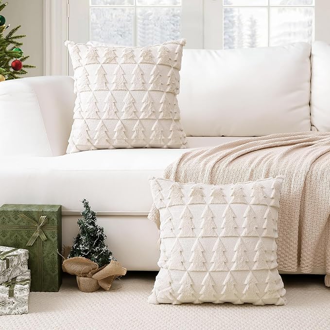 OTOSTAR Set of 2 Soft Plush Short Wool Velvet Decorative Throw Pillow Covers Square Luxury Style Cushion Case Pillow Shell for Sofa Bedroom Christmas Tree Cream Beige, 22x22 Inch