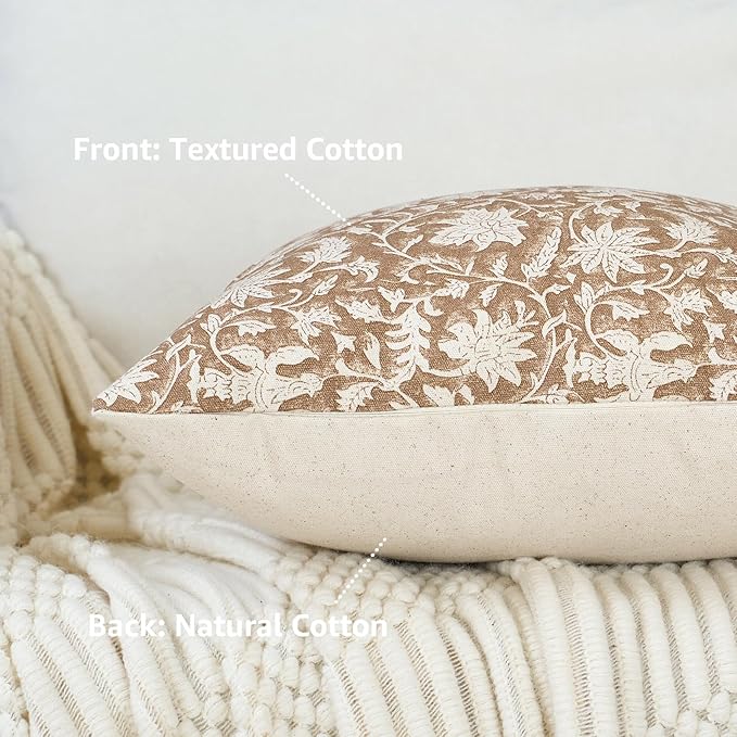 Floral Throw Pillow Covers 20x20 Farmhouse Block Print Pillow Covers Decorative Pillow Covers Couch Pillows for Living Room Vintage Accent Sofa Pillows Set of 2, Neutral