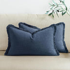 Woaboy Decorative Linen Fringe Throw Pillow Covers Boho Farmhouse Soft Lumbar Cushion Covers Accent Pillowcases with Tassels for Living Room Couch Sofa Bed Chair,12x20 Inch Set of 2,Blue