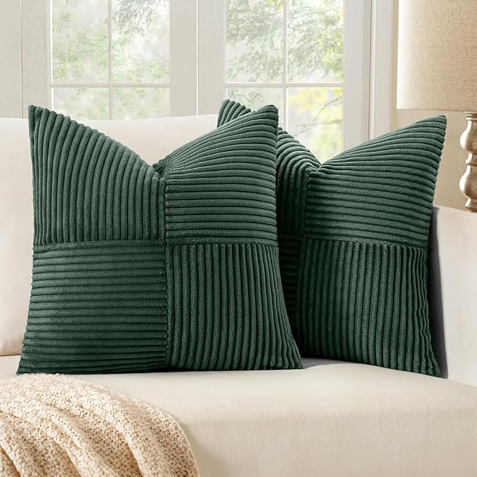 MIULEE Christmas Army Green Corduroy Pillow Covers Pack of 2 Boho Decorative Spliced Throw Pillow Covers Soft Solid Couch Pillowcases Cross Patchwork Cushion Covers for Living Room Bed Sofa 18x18 inch