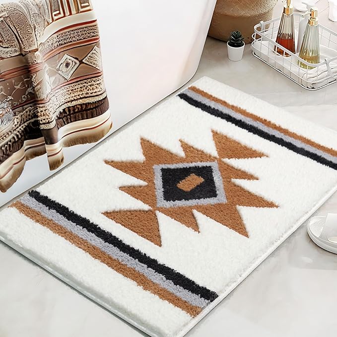 Bathroom Rugs White Boho Bath Mat Non Slip, Soft Absorbent Washable Bath Rug Floor Mat for Bathroom Shower Tub Modern Decor, 20x32