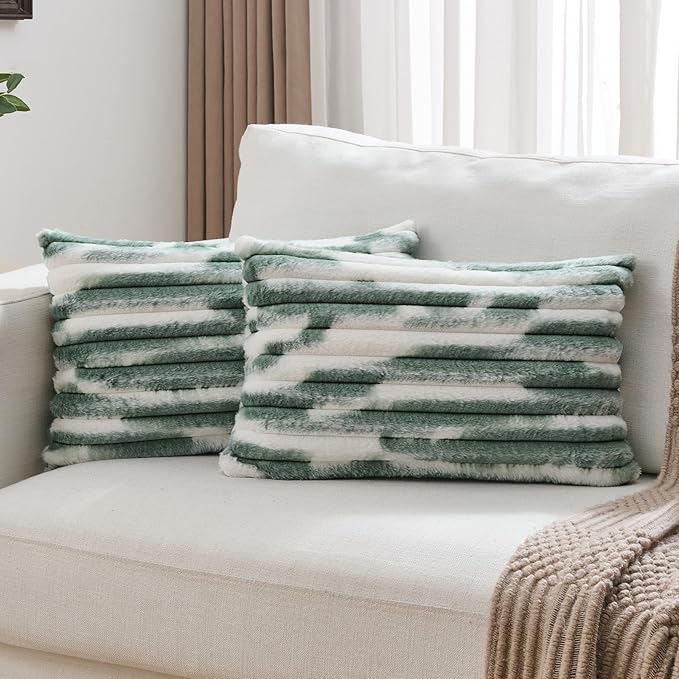 FUTEI Dark Green Decorative Throw Pillow Covers 12x20 Inch Set of 2,Soft Tie-Dye Faux Rabbit Fur Striped Texture Pillow Case, Modern Home Decor for Couch Bed Living Room