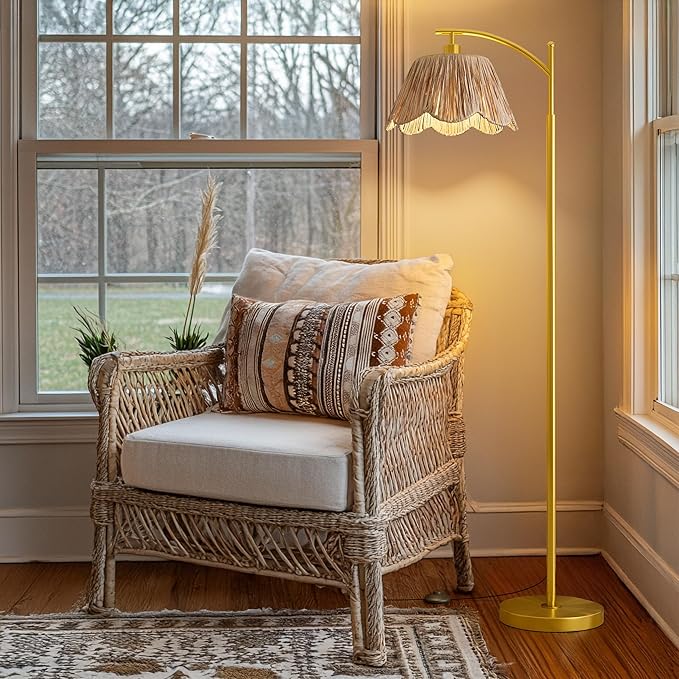 Oneach Gold Floor Lamps for Living Room, Arc Floor Lamp with Hand-Woven Wicker Shade, Foot Switch,Metal Base & Pole,Boho Rattan Standing Lamp for Bedroom Living Room,Office,Reading