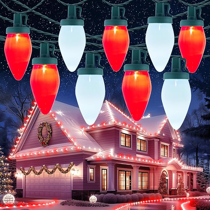 Moonflor C9 LED Christmas Lights Outdoor, 100ft Feet 100 LED Strawberry String Lights with 50 Spring Clamps, Waterproof Commercial Grade Extendable for Indoor Outdoor,Red and Pure White