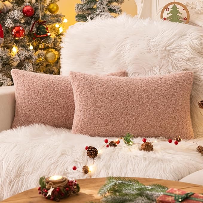 AQOTHES Pink Winter Throw Pillow Covers 12x20 Inch Set of 2, Boucle Faux Fur Pillow Covers,Cozy Fluffy Home Living Room Farmhouse Decor for Sofa Couch Bed
