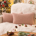 AQOTHES Pink Winter Throw Pillow Covers 12x20 Inch Set of 2, Boucle Faux Fur Pillow Covers,Cozy Fluffy Home Living Room Farmhouse Decor for Sofa Couch Bed