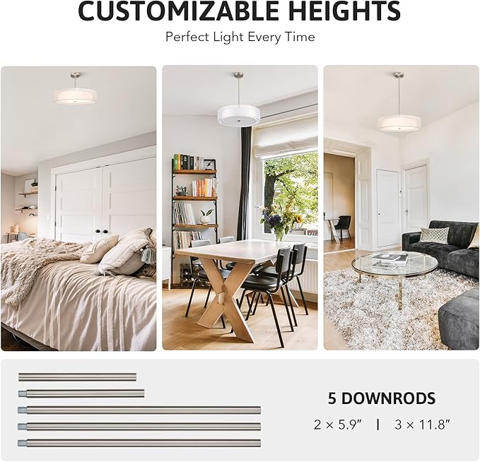 VONLUCE 3-Light Drum Chandeliers, 20" Pendant Light Fixture with 2-Layer Fabric Shade E26 Bases, Adjustable Swivel Joint Hanging Light Fixture for Bedroom Living Room Kitchen Hallway, Brushed Nickel