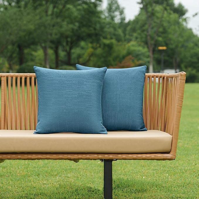 NiNi ALL Pack of 2 Decorative Outdoor Waterproof Pillow Covers Square Garden Linen Textured Cushion Sham Throw Pillowcase Set of 2 for Patio Farmhouse Garden Tent Couch 16x16 Inch Dark Blue