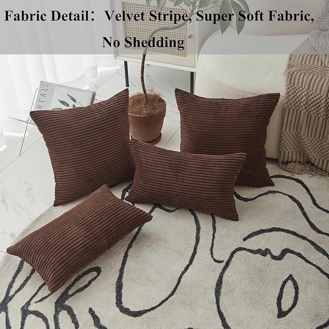 Home Brilliant Brown Couch Pillow Covers Set of 2 Soft Striped Velvet Decorative Throw Pillows Covers 22x22 inch, Cushion Covers for Couch 55x55cm, 22 x 22 Inch, Brown