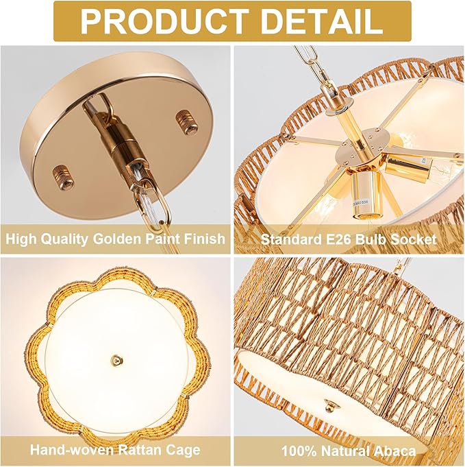 Plum Blossom Ceiling Light & Rattan Chandelier with Fabric Shade(16.5" 4•Light) | √UL-Listed Flush Mount & Fire-Safe PC Panels for Boho Kitchen Islands | Modern Farmhouse Dining Room Lighting