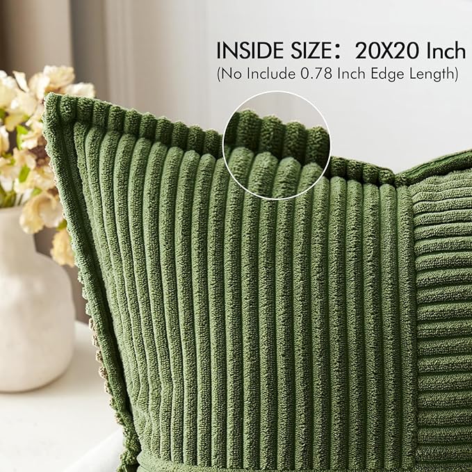 MIULEE Decorative Throw Pillow Covers for Couch Bed Livingroom 20x20 Inch Set of 2 Moss Green Boho Accent Throw Pllows Broadside Striped Patchwork Soft Corduroy Summer Pillowcases