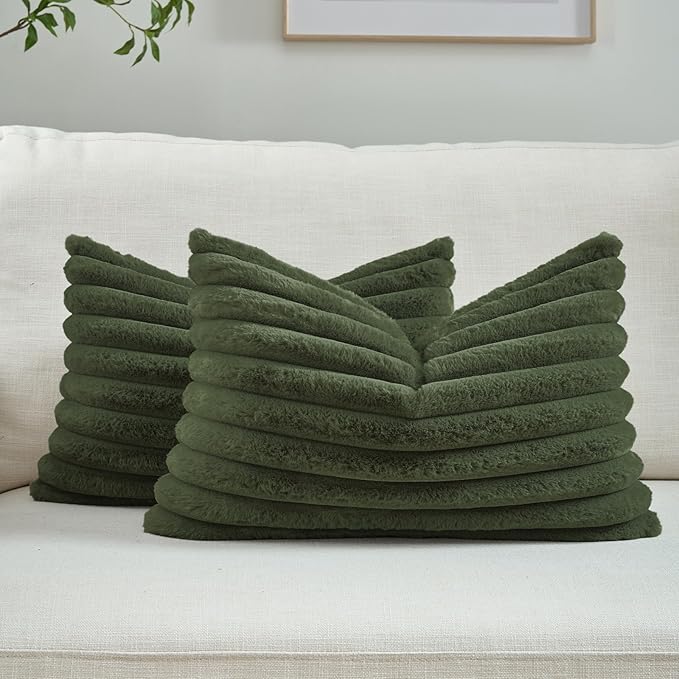 FUTEI Olive Green Striped Decorative Throw Pillow Covers 12x20 Inch Set of 2,Rectangle Winter Decorations Couch Lumbar Pillowcase,Soft Cozy Faux Rabbit Fur & Velvet Back,Modern Home Decor for Bed