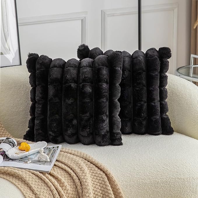 Neelvin Black Faux Fur Cozy Soft Plaid Decorative Throw Pillow Covers 22x22 inch Set of 2,Velvet Pillowcase Cushion Case for Sofa Couch