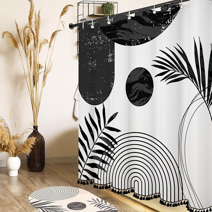 Boho Mid Century Leaf Shower Curtain Set,Arch Sun Design,Minimalistic Leaves Pattern,Waterproof and Luxurious Fabric-12 Hooks(Black-60" x 72")