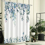 Eucalyptus Shower Curtain, Dark Blue Watercolor Leaves with Floral Botanical Bathroom Decor, Waterproof Fabric Bath Curtain Set with Hooks, 72x84 Inches