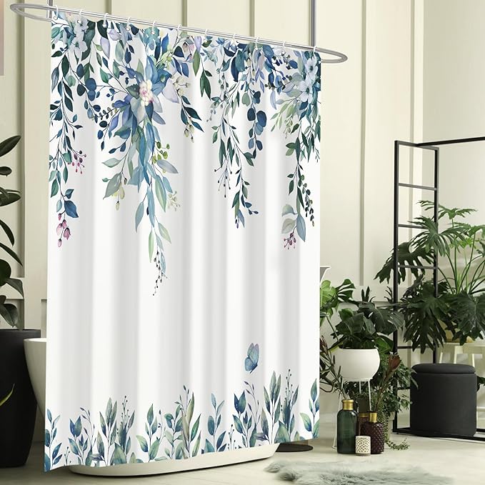 Eucalyptus Shower Curtain, Dark Blue Watercolor Leaves with Floral Botanical Bathroom Decor, Waterproof Fabric Bath Curtain Set with Hooks, 72x84 Inches