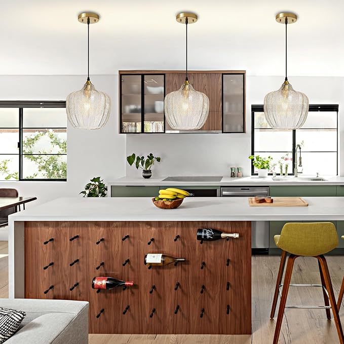 Modern Gold Pendant Light, Clear Glass Farmhouse Kitchen Island Pendant Light Fixture Adjustable Vintage Hanging Ceiling Light for Dining Room Corridor Bedroom 9.45 inch