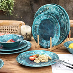 Melamine Dinnerware Sets, Melamine Plates and Bowls Set for 4, Best for Indoor and Outdoor Dining Party, Dishwasher Safe, Volcanic Pattern, Amber Green