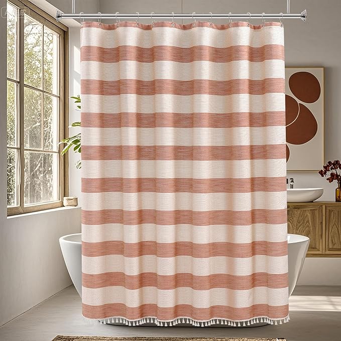 Boho Farmhouse Heavyweight Shower Curtain with Tassels, Rustic Cotton Linen Woven Fabric Striped Shower Curtain Water Repellent, Rusty Red Shabby Chic Shower Curtains for Bathroom