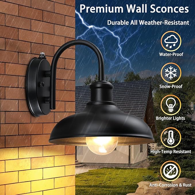 Dusk to Dawn Gooseneck Outdoor Light Fixtures, 2-Pack Farmhouse Barn Lights for Porch, Industrial Black Exterior Wall Sconce for Garage, Patio, E26 Base Anti-Rust for Garage Frontdoor Entryway Doorway