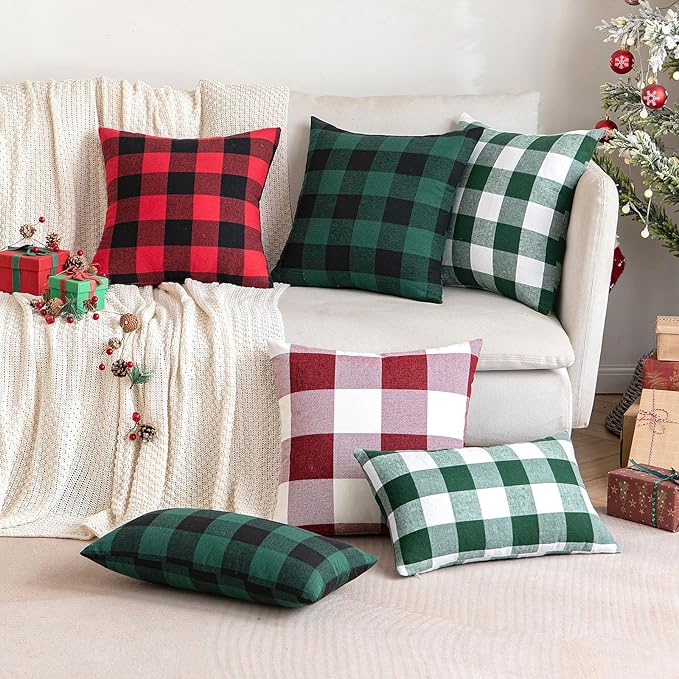 MIULEE Christmas Pack of 2 Buffalo Check Plaids Porch Throw Pillow Covers Classic Retro Linen Farmhouse Cushion Case Soft Pillowcases for Home Decor Sofa Bedroom Couch 16 x16 Inch Green and White