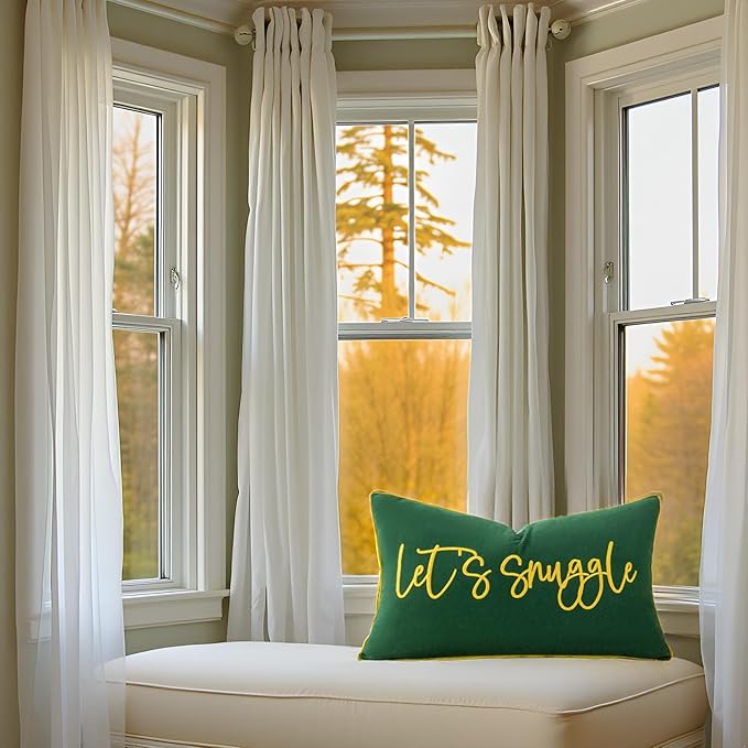 Sunkifover Let's Snuggle Decorative Lumbar Pillow Cover - 12x20 Inch Green and Gold Cotton Embroidery Throw Pillowcase for Bed, Bedroom, Living Room, Home Decor