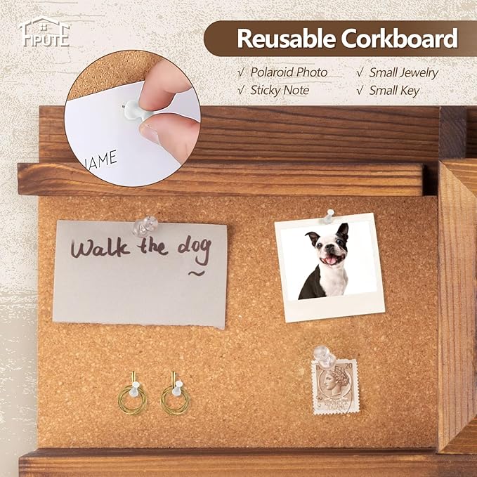 Key Holder for Wall with Mail Organizer,Farmhouse Mail and Key Holder for Wall,Key Hanger with ‌Metal 11 Hooks,Corkboard,and Shelf,Decorative Natural Pine Wood Entryway Organizer,14.6*11.1*3.3”,Brown