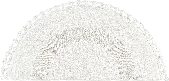 Savi Home Half Circle Bohemian Bathroom Rug with Handwoven Chrochet Border, Beautifully Handcrafted 100% Cotton Mat - 22x42, Half Round Boho Bedroom Rug, Boho Bathroom Décor, Machine Washable - White